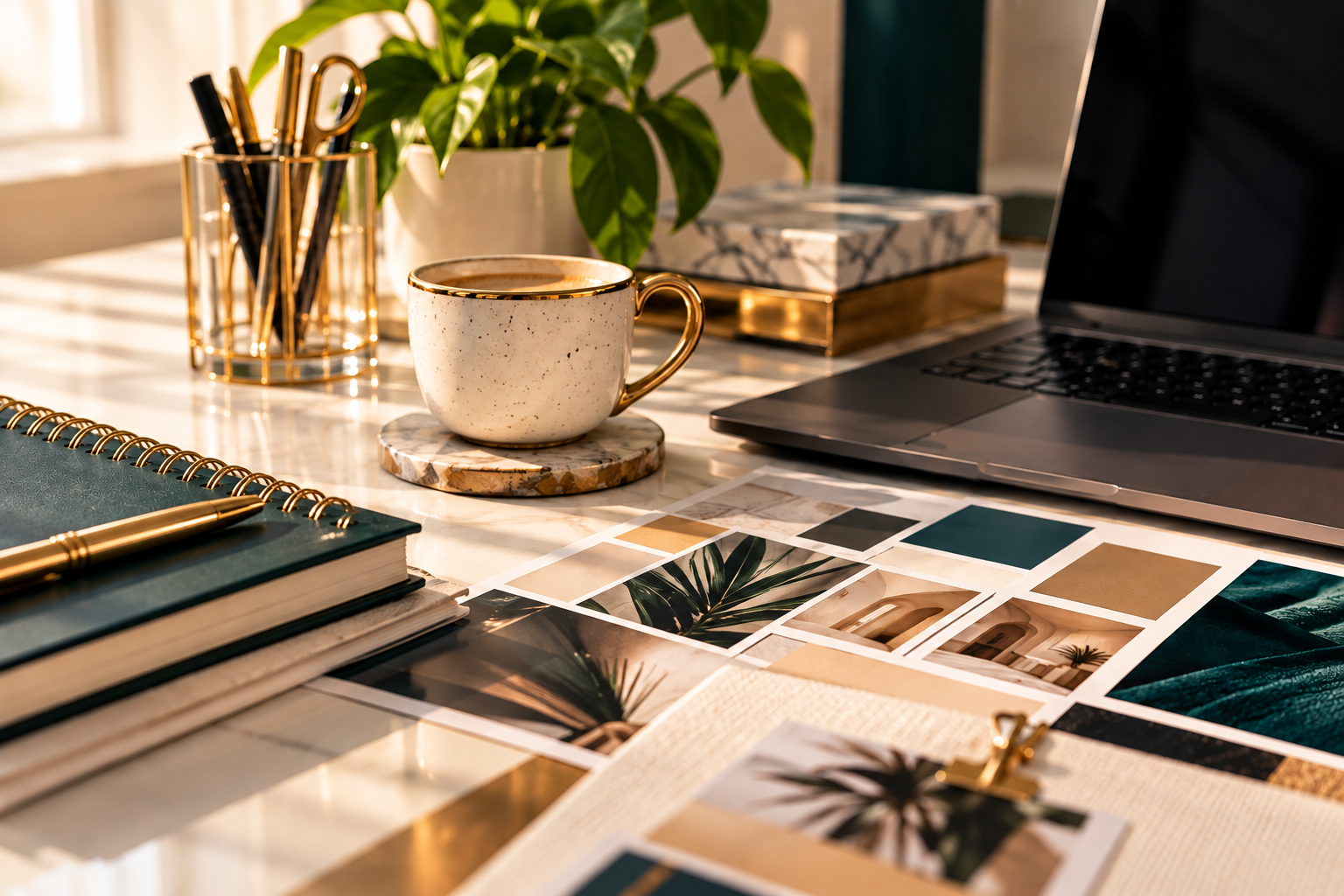 A styled BDCM brand development workspace with mood boards, color palettes, notebooks, a laptop, and gold details