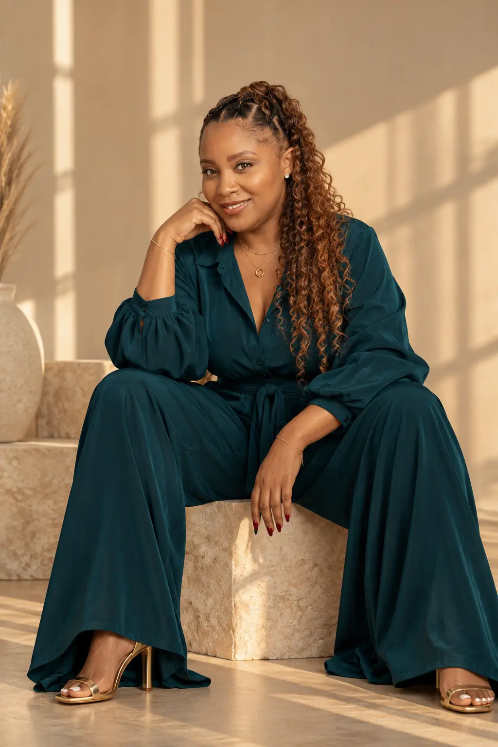 Brishaun Denton seated in a teal editorial look