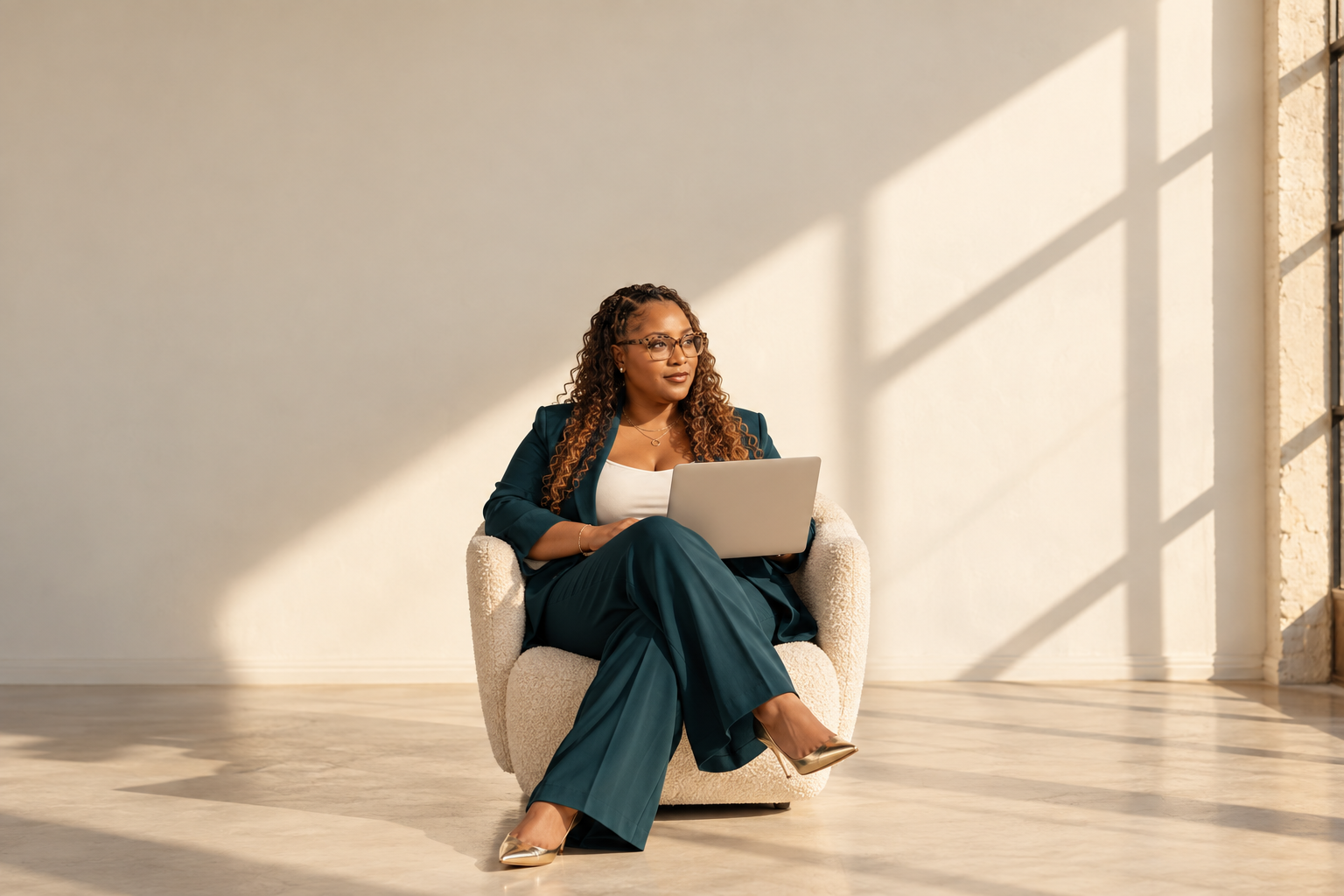 Brishaun Denton seated with her laptop in a sunlit creative workspace